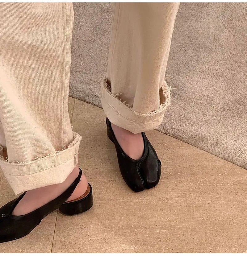 2025 Spring Summer Fashion Soft Leather Split Toe Women Pumps Casual Comfortable 3.5cm Low Heeled Slingbacks Tabi Ballet Shoes
