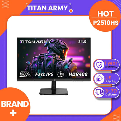 TITAN ARMY P2510HS 24.5" FHD Gaming Monitor, 300Hz Refresh Rate, 1ms GTG, CSOT Fast IPS Panel, HDR400, Adaptive Sync, 121% sRGB, Low Blue Light, PIP/PBP, Game Mode, VESA Mount Compatible for Esports Gaming