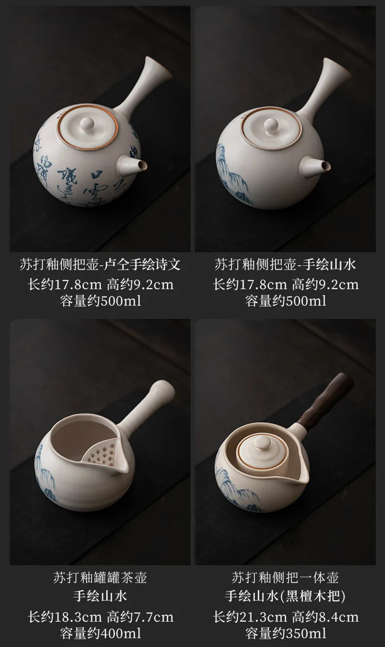 Retro Soda Glaze Ceramic Teapot Hand-painted Landscape Lifting Beam Pot Boiling Water Side Handle Kettle For Electric Stove