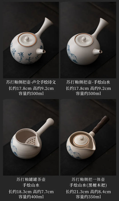 Retro Soda Glaze Ceramic Teapot Hand-painted Landscape Lifting Beam Pot Boiling Water Side Handle Kettle For Electric Stove