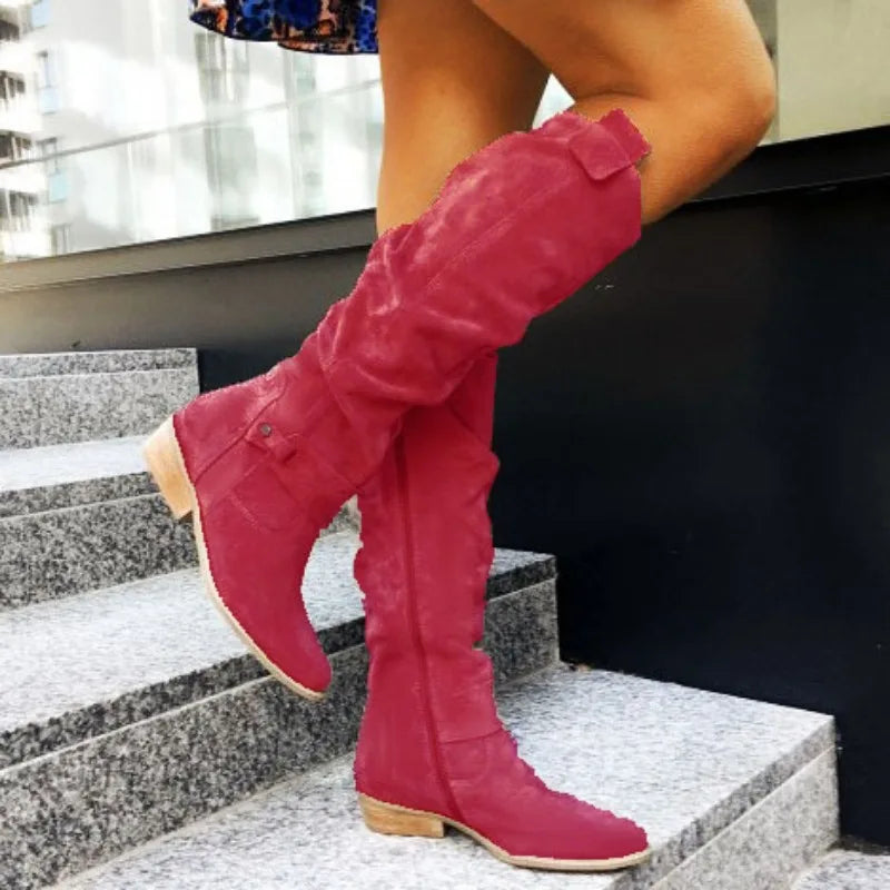 long women's boots Low Heel Side Zip Size 43 Suede Thigh High Women's Boots Retro Woman Booties Autumn Winter Knee High Boots