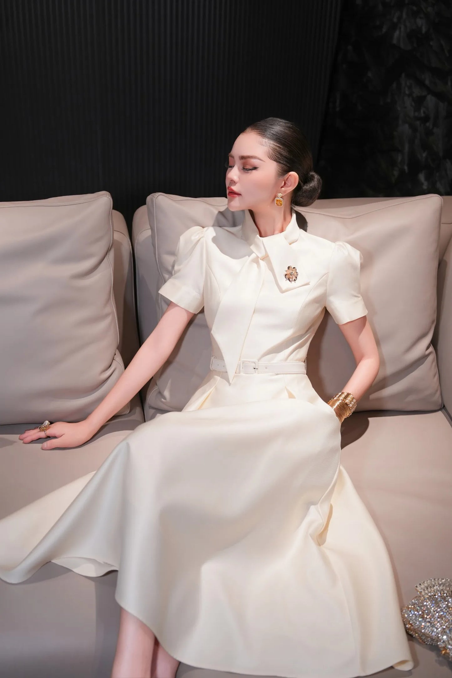 ZJYT Sweet Pink Bow Collar Dress for Women Short Sleeve Midi Formal Party Aline Vestidos Elegant Spring Summer Designer 2025 New