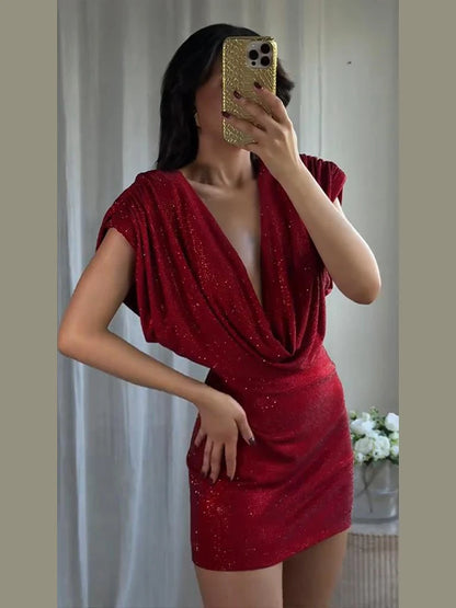 Sexy Sequined Short Dress Women V Neck Pleated Waist-cinched Empire Hip Package Dresses 2026 Spring Chic Party Evening Robe Lady