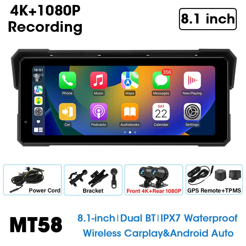 8.1 inch Motorcycle GPS Navigation Wireless Carplay Android Auto IPX7 Waterproof Display Drive Recorder Support 4K+1080P Dual BT
