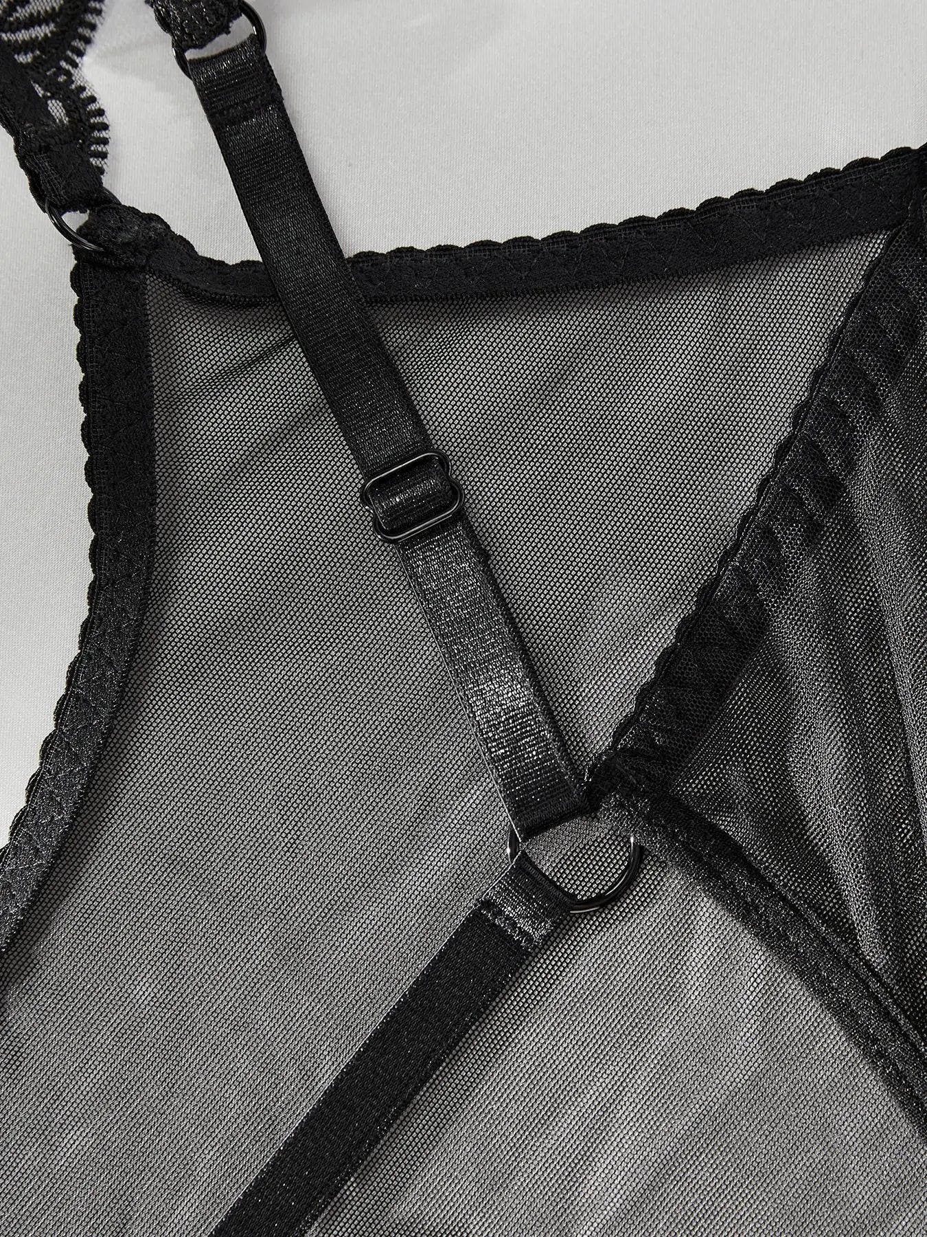 New Sexy Bodysuits Ruffled Edges Patchwork Mesh Sexy Perspective Backless Deep V Suspenders Sleeveless Bodysuits Charming 5ZAL