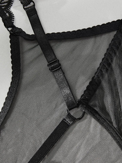 New Sexy Bodysuits Ruffled Edges Patchwork Mesh Sexy Perspective Backless Deep V Suspenders Sleeveless Bodysuits Charming 5ZAL