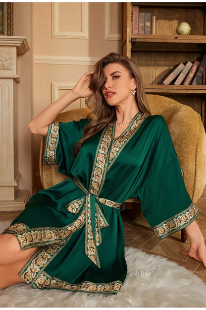 Navy Blue Print Flower Robe Nightgown Silk Satin Female Sleepwear Nightdress Spring Summer Loose Kimono Bathrobe Gown Home Wear