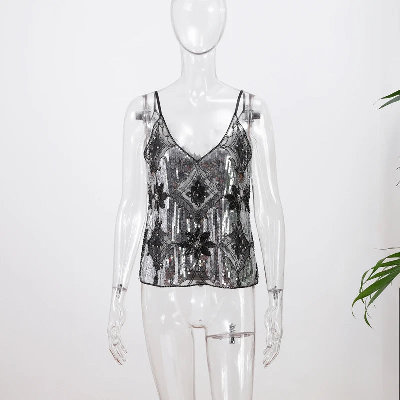 Sexy Sequins Beaded Camisoles Women Glitter Sleeveless Backless Pleated Sling Crop Tops 2026 Spring Summer Club Party Tank Lady