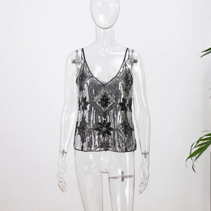 Sexy Sequins Beaded Camisoles Women Glitter Sleeveless Backless Pleated Sling Crop Tops 2026 Spring Summer Club Party Tank Lady