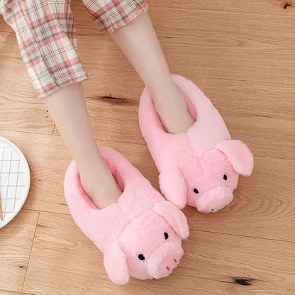 Cute Pig Winter New Women Slipper Heel Cover Warm Slippers Soft Fur Indoor Comfortable Fluffy Home Slides Girls Cartoon Footwear