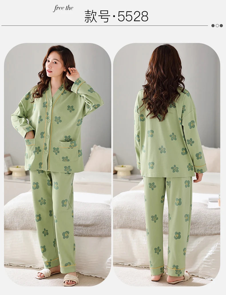 Autumn Women V-Neck Pajamas Sets Fashion Print Cotton Female Pyjamas Two Pieces Shirts + Pants Nighties Big Yards 5XL Sleepwear