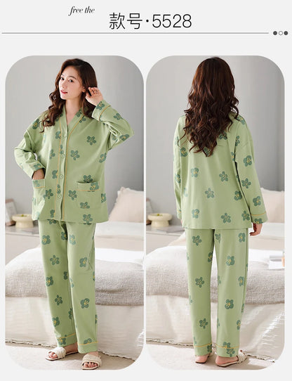 Autumn Women V-Neck Pajamas Sets Fashion Print Cotton Female Pyjamas Two Pieces Shirts + Pants Nighties Big Yards 5XL Sleepwear