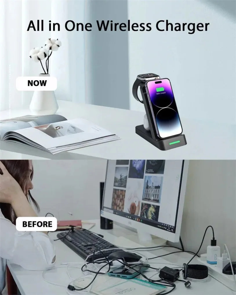 3 in 1 Wireless Charger Stand Fast Charging Station - for iPhone 17-12/X Apple Watch AirPods Samsung Galaxy S25/S23/S22 Charger