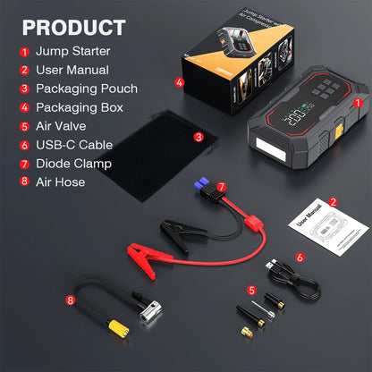 Car Jump Starter with Air Compressor Peak Auto Battery Booster 150PSI Air Pump Portable Power Bank Tire Inflator Lighting