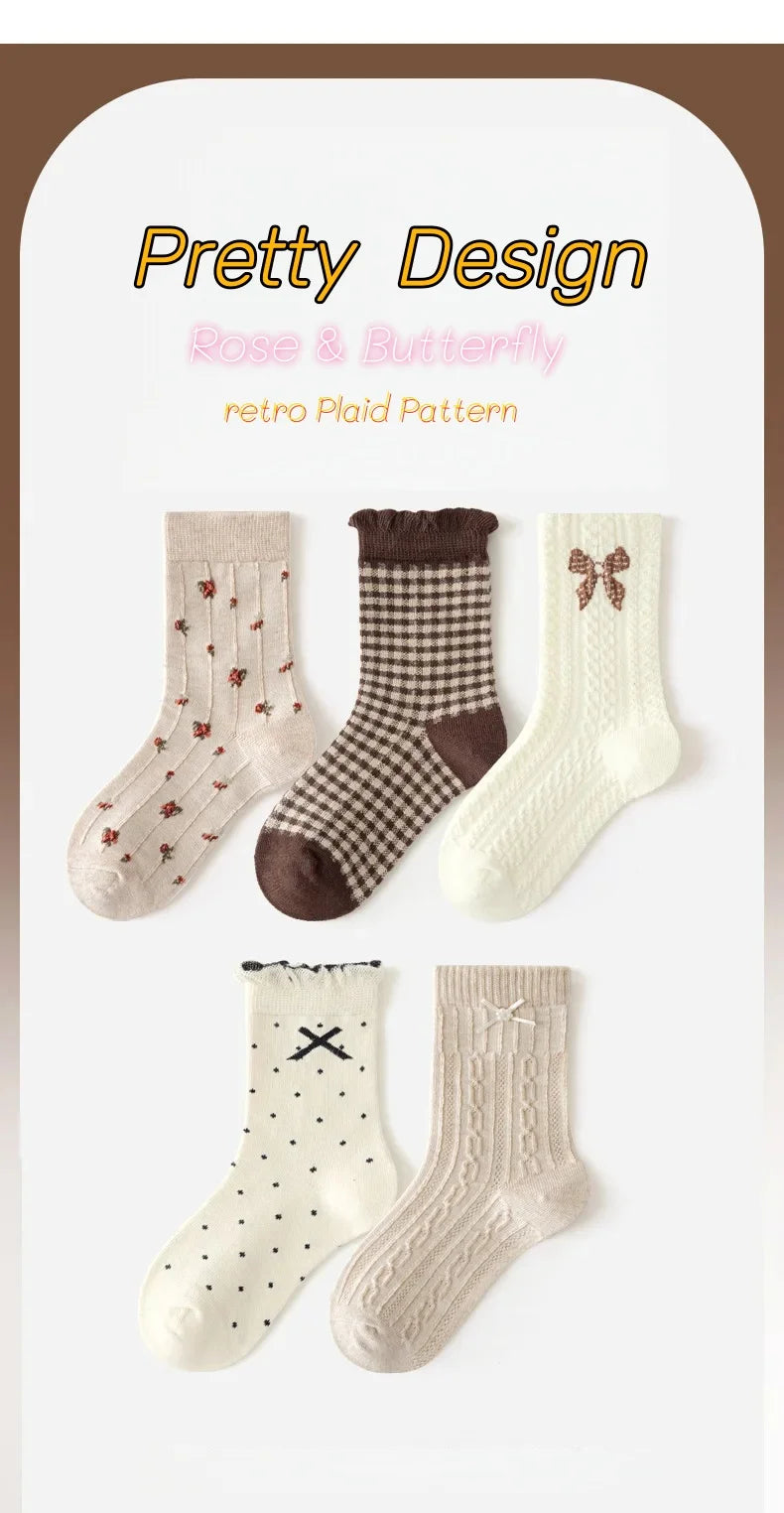 Auutumn Winter Girls Socks Retro Maillard Color Ruffle Socks Children's Calf Socks Cotton Socks  5 Pairs