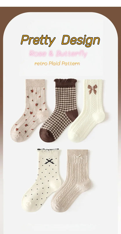 Auutumn Winter Girls Socks Retro Maillard Color Ruffle Socks Children's Calf Socks Cotton Socks  5 Pairs