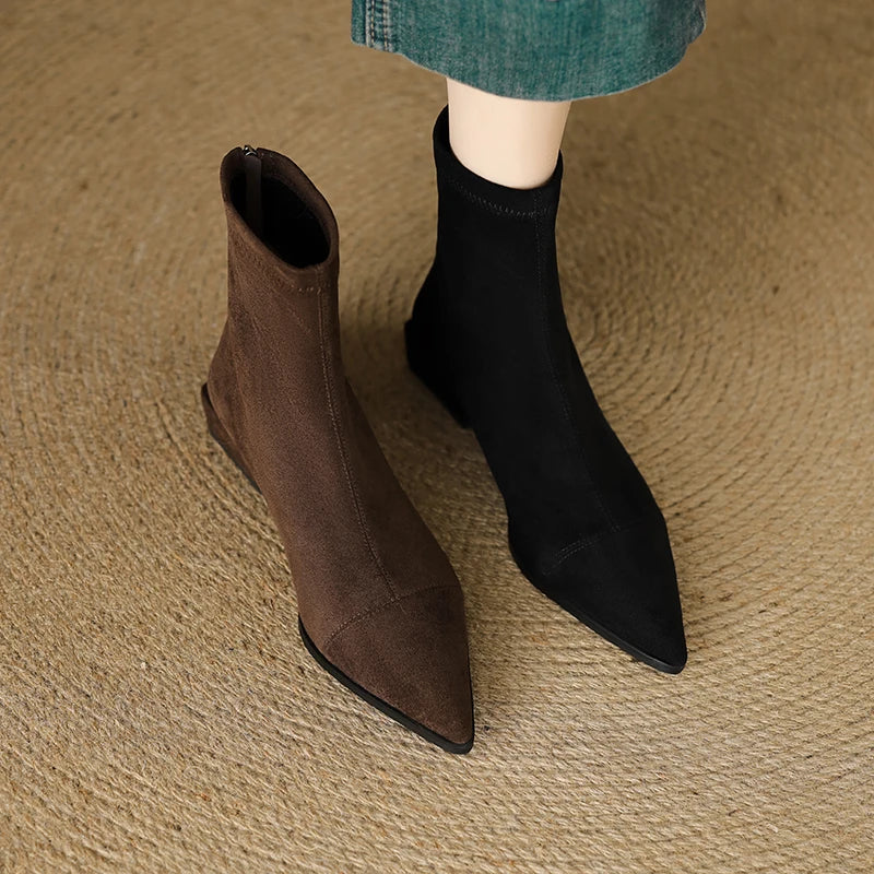 Autumn Vintage Suede Women Ankle Boots Ladies Concise Pointed Toe Thick Heel Short Botas Zapatos De Mujer
