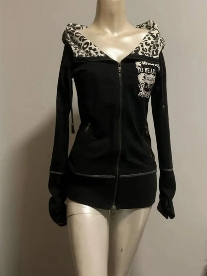 American street hot girl retro print black classic zipper hoodie women's y2k hip-hop trend temperament slim design jacket
