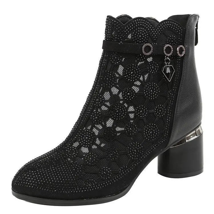 2026 Spring Summer Fashion Rhinestones Gauze Sandals Thick Heels Mesh Autumn Ankle Boots Female Hollow Women's Shoes