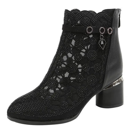 2026 Spring Summer Fashion Rhinestones Gauze Sandals Thick Heels Mesh Autumn Ankle Boots Female Hollow Women's Shoes