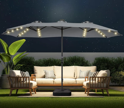 Double Sided Patio Umbrellas - 15ft Solar Lights LED Lighted Outdoor Extra Large Market Table Umbrella with Base, Customized