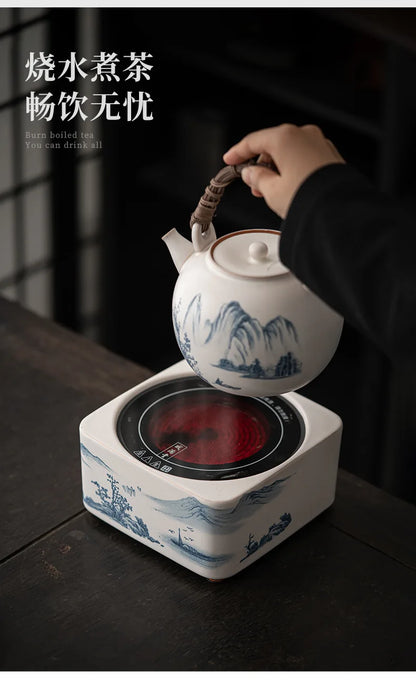 Retro Soda Glaze Ceramic Teapot Hand-painted Landscape Lifting Beam Pot Boiling Water Side Handle Kettle For Electric Stove