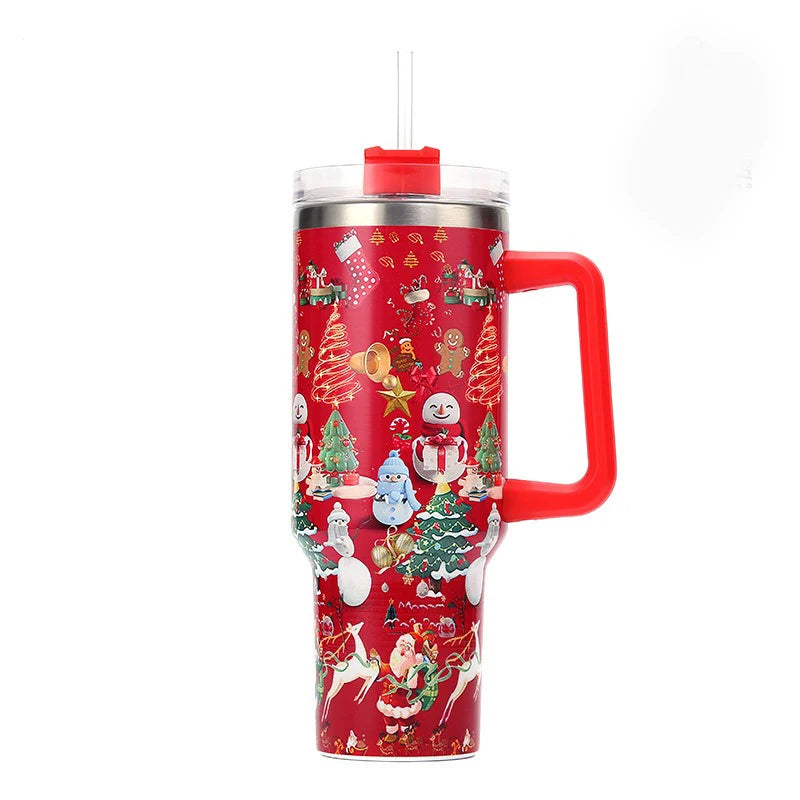 40oz Thermos Bottles Stainless Steel Christmas Series Insulated Water Bottle with Handle/straw Car Ice King Cup Christmas Gift