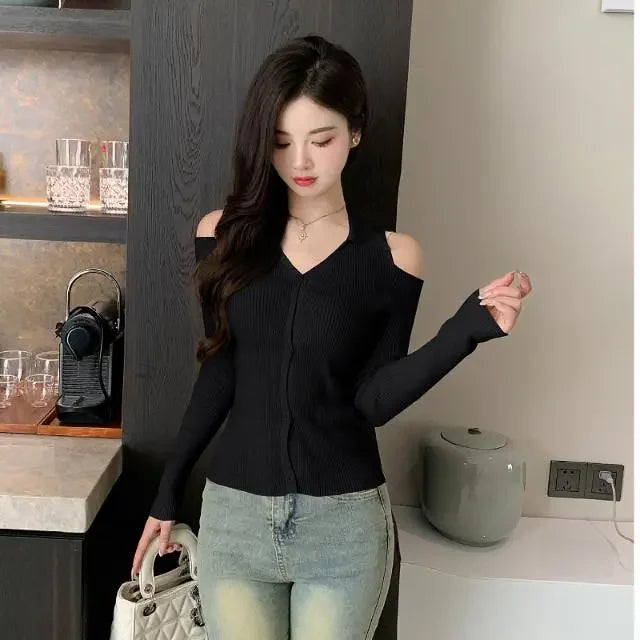 Women Clothing Autumn Fashion Simplicity All-match Screw Thread Knitting Female Solid Color V-neck Slim Sweater Pullovers Tops