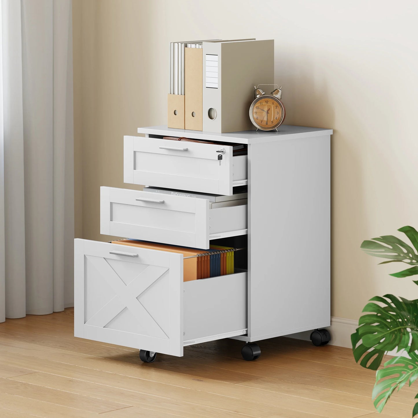 3 Drawer Rolling File Cabinet with Lock & Casters, Wooden Mobile Storage Organizer Printer Stand, Fits A4/Letter for Home Office