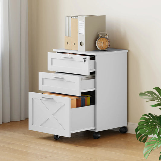3 Drawer Rolling File Cabinet with Lock & Casters, Wooden Mobile Storage Organizer Printer Stand, Fits A4/Letter for Home Office