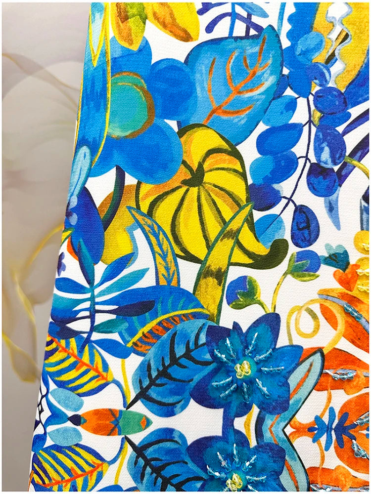 2026 Printed Beaded Dress Women Short Sleeve O Neck a Line Dress Elegant Fashion Summer Ladies Casual Party Midi Dress