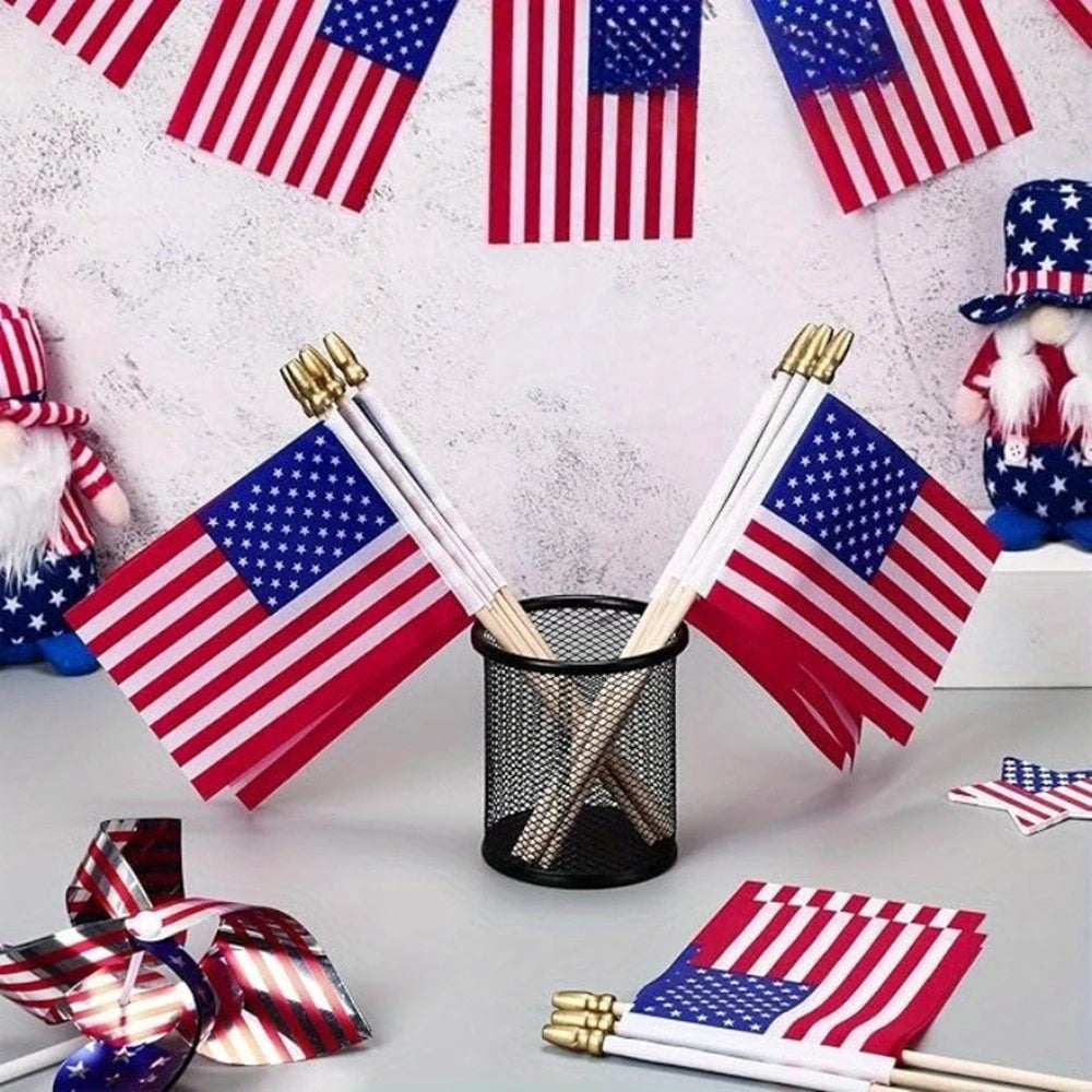 30pcs HandHeld American Stick Flags, 14x21cm HandHeld Mini USA Flag for Independence Day Outside Patriotic Holiday Yard Patio