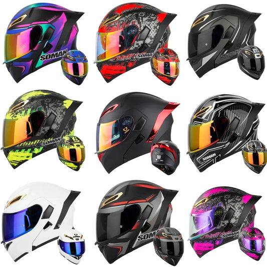 SOMAN Full Face Helmet Dual Lens Flip Up Motorcycle Helmets Casco Accessories Men Women Casque Moto Racing DOT Approved Visor