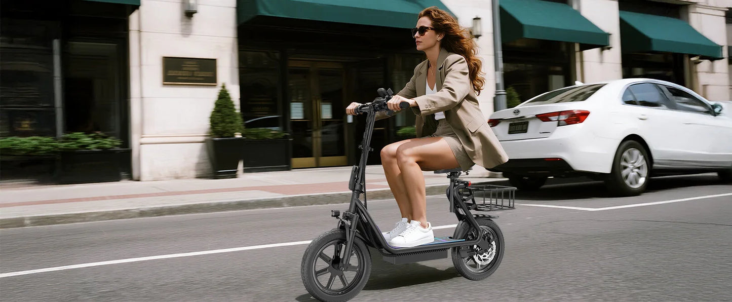 PORORO 14inch Electric Bicycle 10.5AH Battery 28Miles Max Range 22MPH Max Speed Shock Absorption Foldable E Scooter with Seat