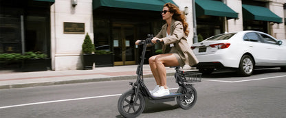 PORORO 14inch Electric Bicycle 10.5AH Battery 28Miles Max Range 22MPH Max Speed Shock Absorption Foldable E Scooter with Seat