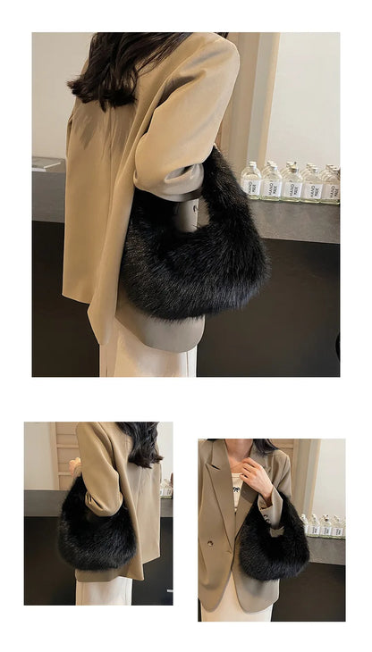 Solid Color Faux Fur Bag for Women Winter Soft Plush Handbags Ladies Small Elegant Tote Bags Fashion Trend Female Furry Purse