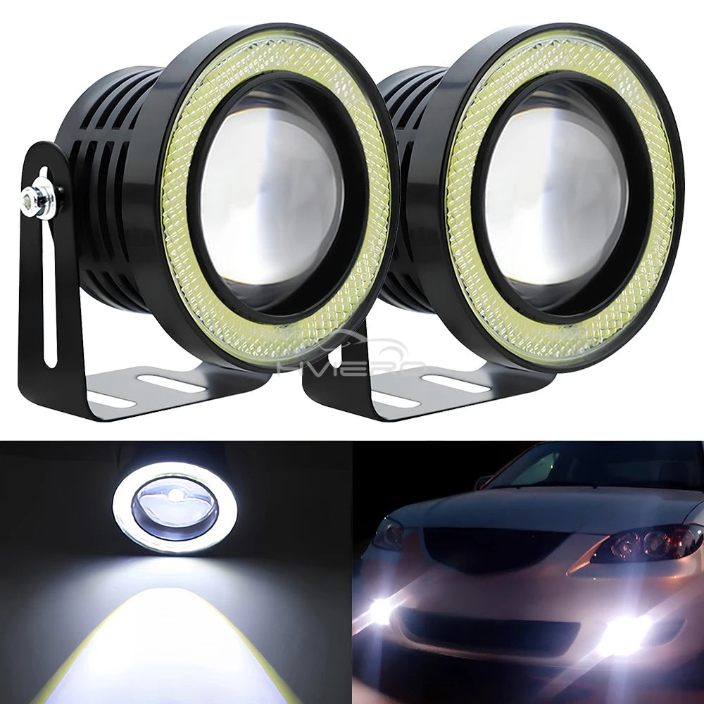 2Pcs Auto 30W Car Driving DRL Fog Lights COB Angel Eye 64/76/89mm Ambient Lamps Waterproof Daytime Running Bulb Headlight DC 12V