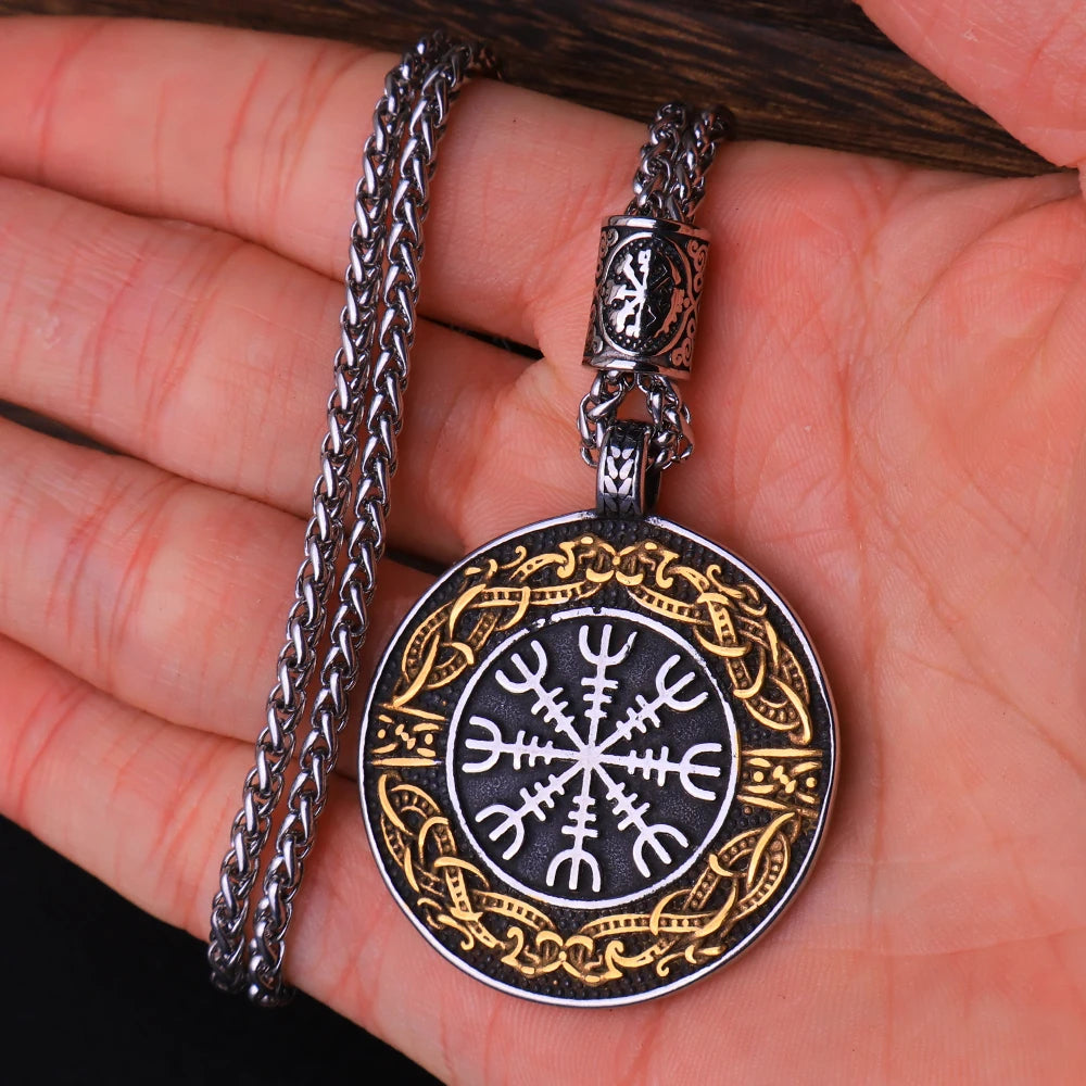 Vintage Vegvisir Viking Compass Pendant Necklace for Men Stainless Steel Fashion Nordic Amulet Beaded Necklace Jewelry Wholesale