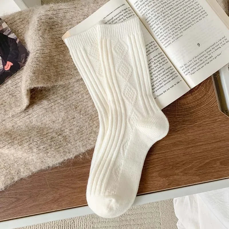 3Pairs Winter Cashmere Wool Socks Women's Winter Diamond Thicken Warm Black White Pack Set Thermal Japanese Fashion Solid Color