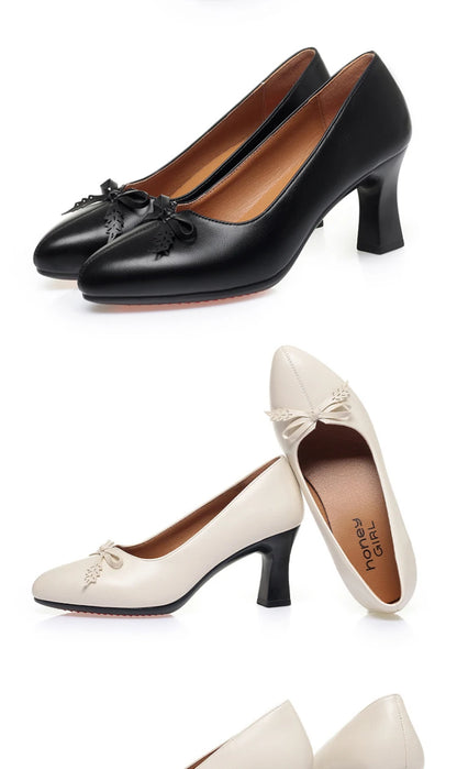 Womens Elegant Bow Decor Block Heel Pumps Smooth Faux Leather Upper Pointed Toe Design Comfort Cushioned Insole NonSlip Outsole