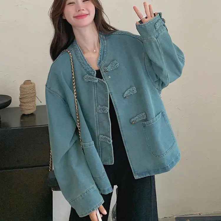 Women Clothing Autumn Fashion Simplicity All-match Temperament Button Solid Color O-neck Female Chinese Style Denim Jacket Tops