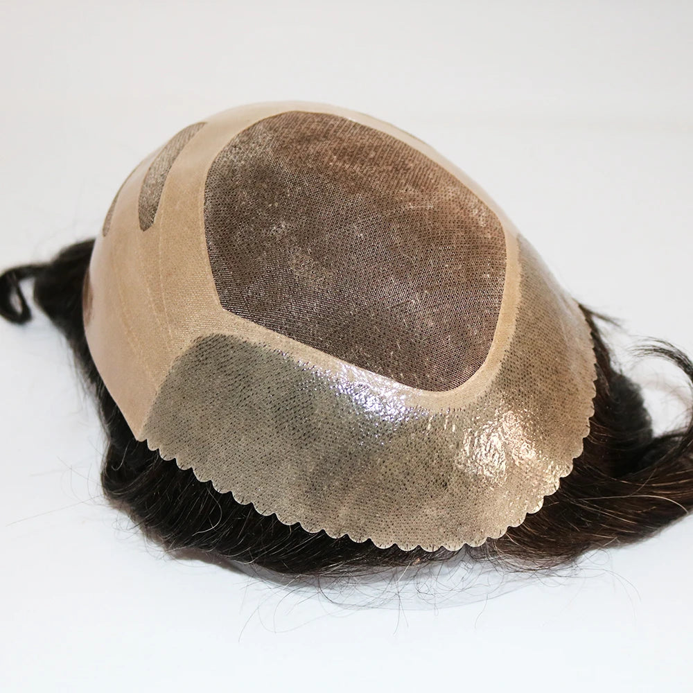Durable Mens Wig NPU Bond Mono Pu Front Hair Replacement System Breathable Lace Mix Brown Grey 1B80 565# Human Hair Prosthesis