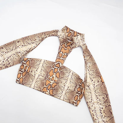 2026 Snake Print Sexy 2 Piece Set Women Spring Autumn Halter Long Sleeve Crop Tops+Pants Matching Stretch Streetwear Outfits