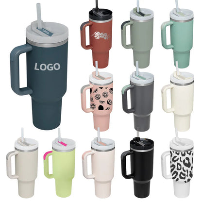40oz Tumbler with Handle Straw and Silicone Boom Stainless Steel Vacuum Thermos Cup Large Capacity Travel Car Coffee Mug Logo