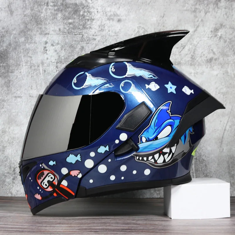 JIEKAI Motorcycle Flip Up Helmet Personality Horn Tail Motorbike Motocross Shark Moto Helmet Technology Design Full Face Casco