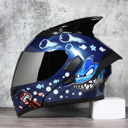 JIEKAI Motorcycle Flip Up Helmet Personality Horn Tail Motorbike Motocross Shark Moto Helmet Technology Design Full Face Casco