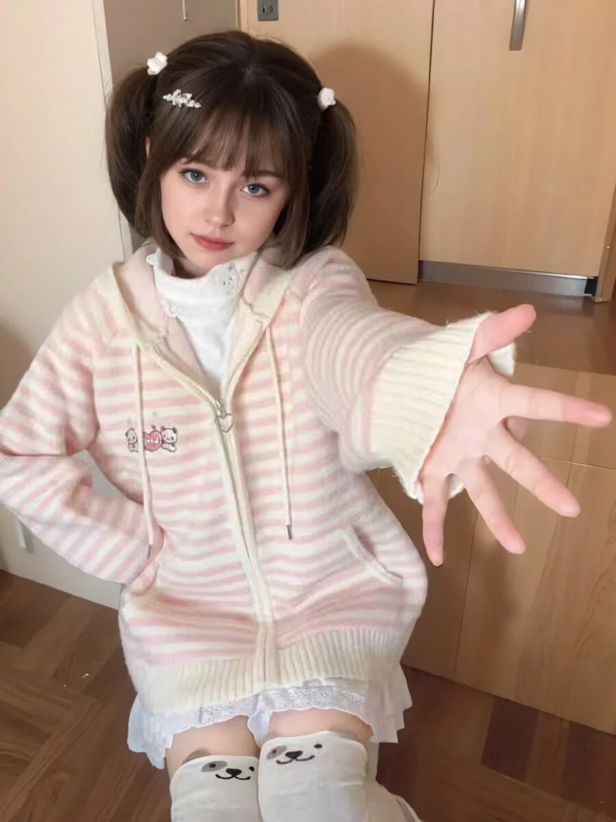 Pink Striped Knitted Sweater Coat Loose Women's Sle Korean Version Autumn Winter New Arrival Sweet School orm Theme