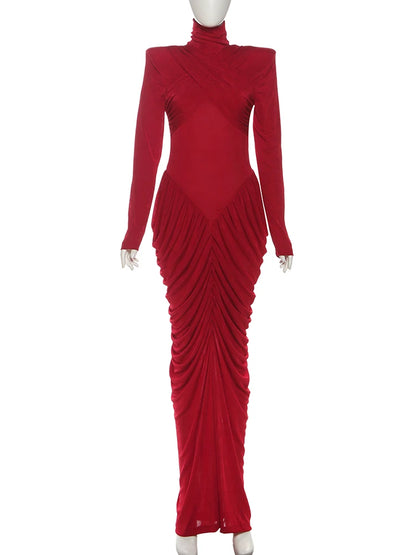 Weird Puss Autumn New Style Maxi Dress Women Turtleneck Full Sleeve Backless Skinny Stretch  Prom Party Ruched Elegant Vestidos