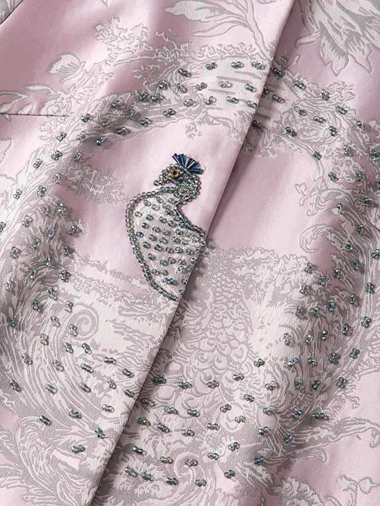 Luxury Beaded Pink Chinese Style Women's Top 2025 Loose Shoulder Embroidery Jacquard Elegant Fashion Blouse Outerwear