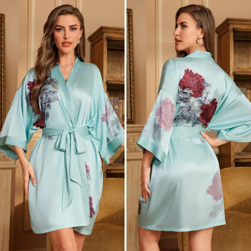 Navy Blue Print Flower Robe Nightgown Silk Satin Female Sleepwear Nightdress Spring Summer Loose Kimono Bathrobe Gown Home Wear